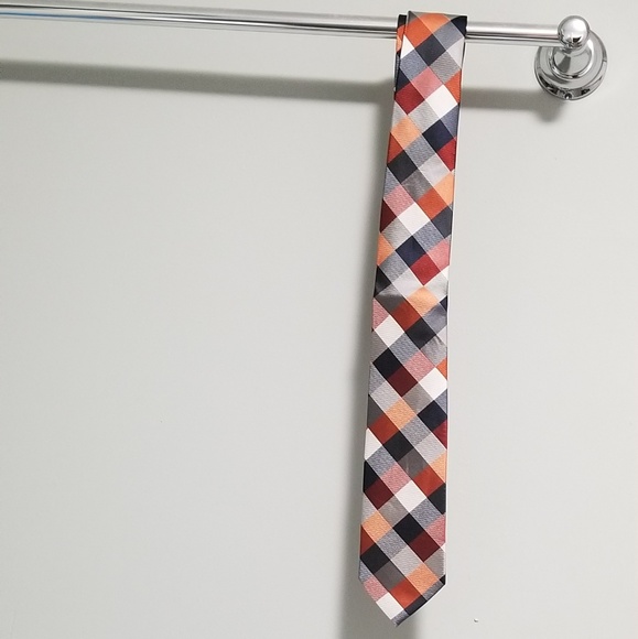 Other - Men's Sunset Orange Red Navy Gray White Plaid Tie